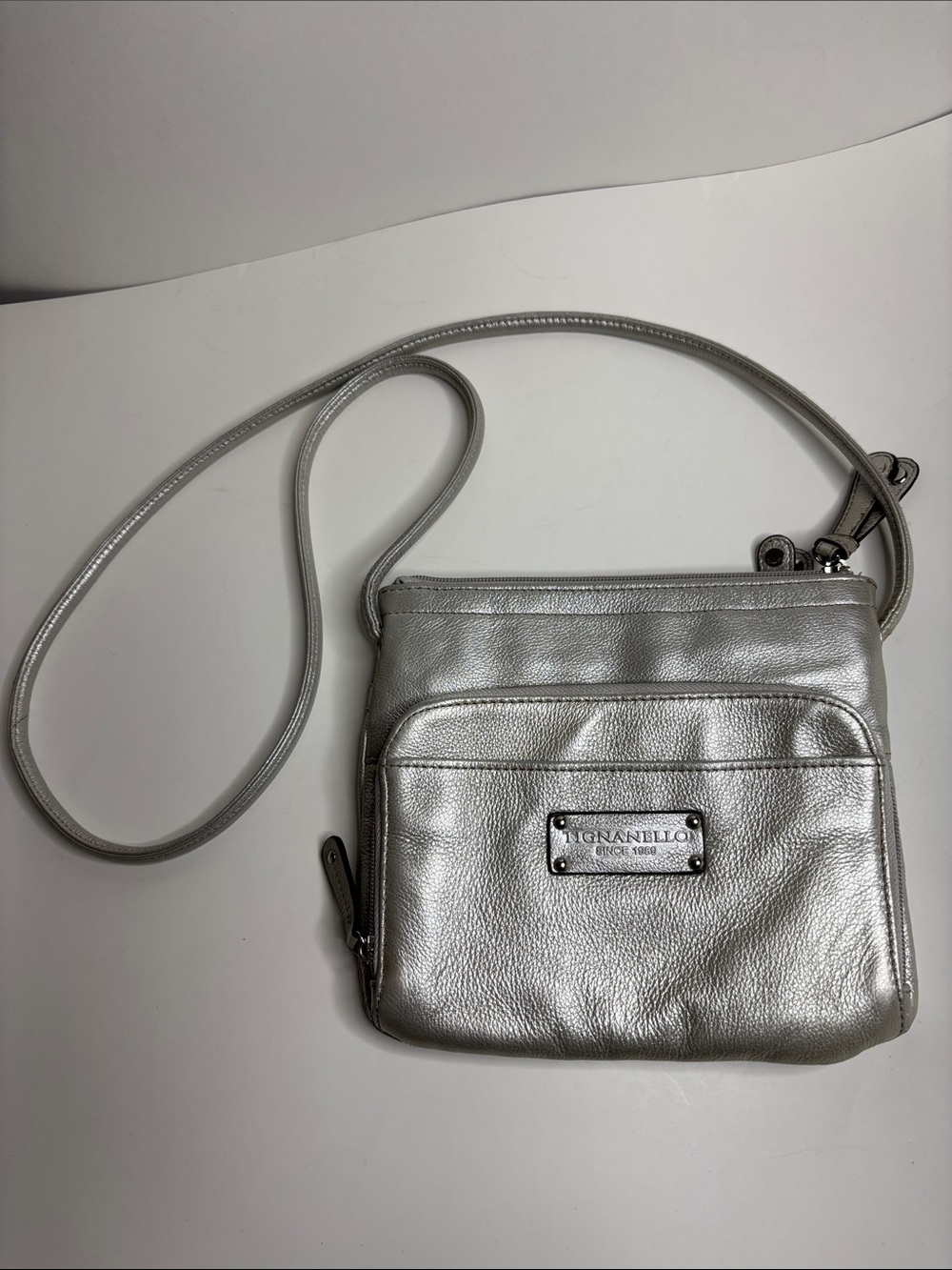 Tignanello Silver Metallic Crossbody Shoulder Bag